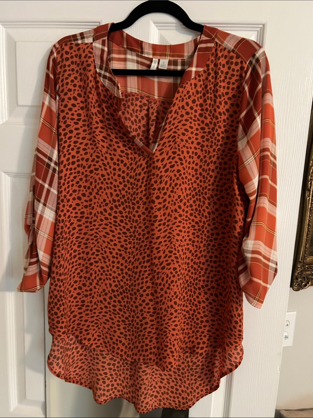 Cato Rust Animal-Print & Plaid Mixed-Pattern Tunic